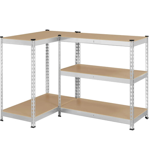 Badass 5 Tier Metal Storage Shelving Unit Heavy Duty Steel Rack With Rock Solid MDF Shelves Silver Color Super Tough Organizer For Garage Closet Home Use 72 Inch Height, showcasing a corner configuration and MDF shelves.