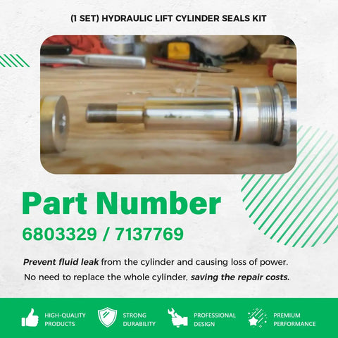 Beefed Up Heavy Duty Hydraulic Lift Cylinder Seals Kit 1 Pack 6803329 7137769 shown with metal cylinder and parts on wood surface.