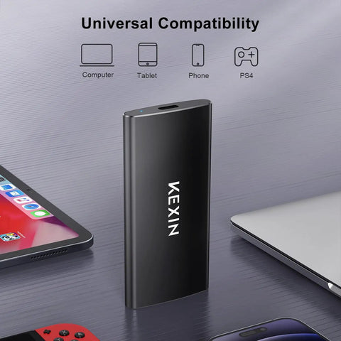 256GB USB 3.1 Type C External SSD Drive Portable Solid State Storage Up To 500MB Per Second shown with compatible devices