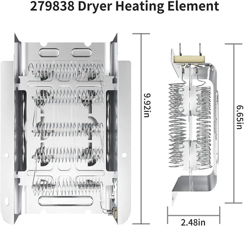 Dryer Heating Element Assembly Replacement Part 279838 W10724237 3403585 For Whirlpool Kenmore Maytag, dimensions visible