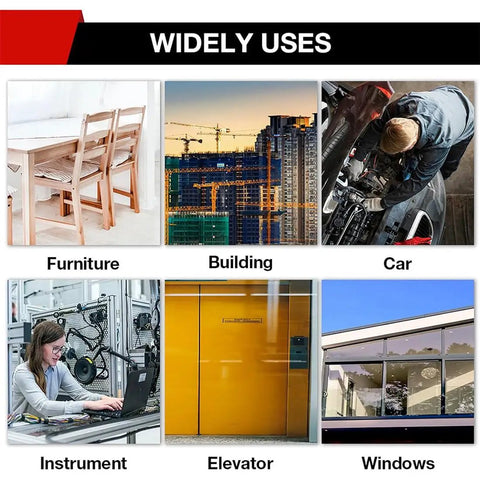 Heavy Duty M3 Through M8 Electric Rivet Gun Adapter Kit With Hardcase Storage For Auto Shop And Diy Fabrication Work images showing various applications like furniture, building, car, instrument, elevator, and windows.