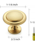 Slick Brushed Brass Solid Kitchen Cabinet Pulls And Round Drawer Knobs 15 Pack Heavy Duty Gold Hardware shown with dimensions and screwdriver.