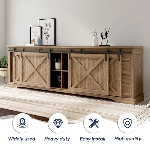 Top Shelf 8 FT Mini Cabinet Bypass Sliding Barn Door Hardware Kit With Slick Steel Tracks Noise Free Carriages And No Fuss Wall Mount Setup For A Sharp Room Upgrade on a wooden cabinet.