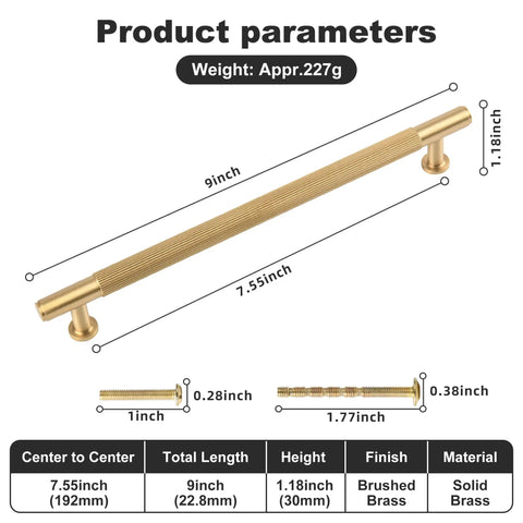 Top Tier Solid Brass Cabinet Pulls Brushed Matte Gold Furniture Hardware Seven And A Half Inch Long Drawer Knobs Heavy Duty slick finish image with dimensions.