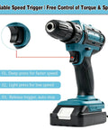 Close-up of variable speed trigger on Top Notch Brushless Cordless Drill Set for free control of torque and speed.