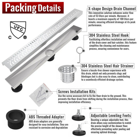Transform Your Bathroom Game With This Rock Solid 24 Inch Linear Shower Drain Featuring A Brushed Nickel Finish And Serious Flow Capability For Quick Drain Action, showing packing details and components.