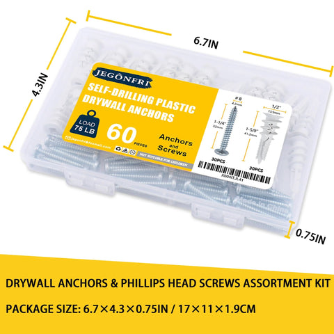60Pcs Self Drilling Drywall Anchors And 8 Screws Heavy Duty Wall Anchors For Drywall Holds Up To 75 Lb No Pre Drill Hole Required Kit