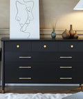 Black dresser with 2 Pack Solid Brass Gold Cabinet Pulls With 3 And 3 Quarters Inch Center To Center in modern bedroom setting