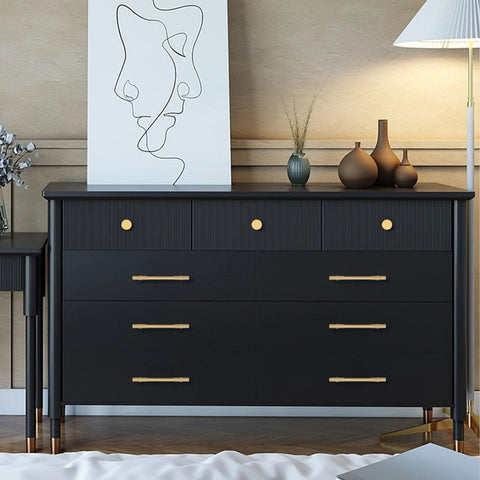 Black dresser with 2 Pack Solid Brass Gold Cabinet Pulls With 3 And 3 Quarters Inch Center To Center in modern bedroom setting