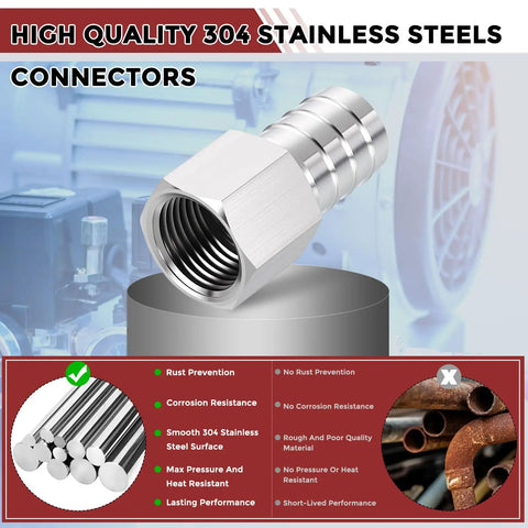 Pack Of Two Stainless Steel Hose Barb Fittings Three Quarter Inch Hose Barb To One Half Inch NPT Female Fittings for durability and corrosion resistance.