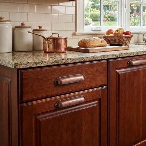 Premium 10 Pack Antique Copper Cup Pulls Three Inch Center To Center Solid Zinc Alloy Cabinet Handles on kitchen drawers.