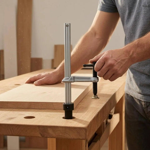 Insertion Clamp Fixture With Quick Release Ratchet Table Clamp For Rock Solid Workholding In Workshop Carpentry And Metalworking Hardened Steel Inserted Tool With 200x100 Base And 16mm T Bar securing a wood board on a bench