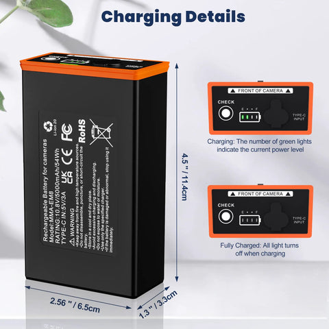 2 Pack 5000mAh Replacement Battery For Moultrie Edge Trail Cameras showing charging details and dimensions on the battery.