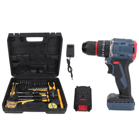 Badass Brushless Cordless Drill Kit 1500 Rpm With 25 Plus 1 Adjustable Torque Settings heavy-duty drill and toolset in black case.