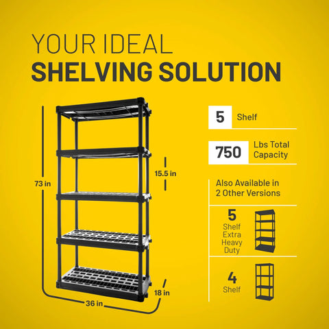 Heavy Duty Five Shelf Plastic Storage Rack Measuring 73 X 36 X 18 Inches With A 750 Lb Weight Capacity on a yellow background.