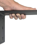 Hand holding a Heavy Duty L Bracket for Countertop Support Black Steel Six by Eight Inches Three Eighths Inch Thick