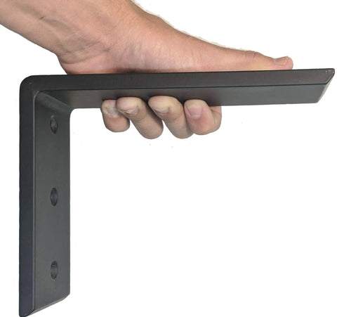 Hand holding a Heavy Duty L Bracket for Countertop Support Black Steel Six by Eight Inches Three Eighths Inch Thick