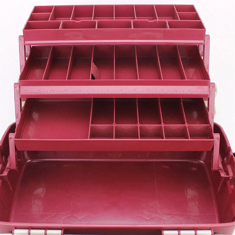 Four Layer Portable Tool Box With Hardware Storage Case Plastic Organizer in red, showing open compartments for tools and small parts.