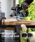 Bad Ass 4-1/2 Inch Mini Cordless Circular Saw With Brushless Motor Cranking Out 4700 RPM slicing through wood plank on workbench.