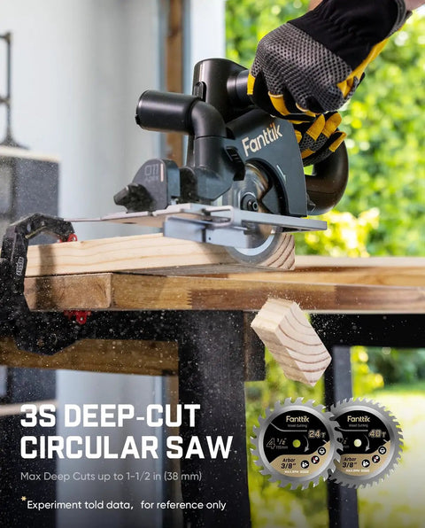 Bad Ass 4-1/2 Inch Mini Cordless Circular Saw With Brushless Motor Cranking Out 4700 RPM slicing through wood plank on workbench.