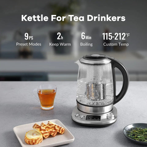 Electric Tea Kettle With Removable Infuser, 9 Preset Brewing Programs, Precise Temperature Control, on kitchen counter