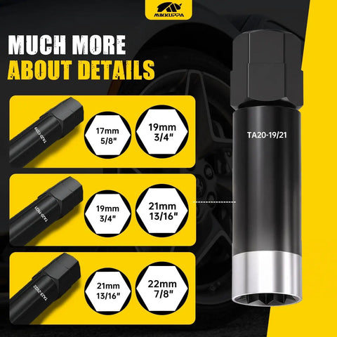 Professional Grade 10 Spline Lug Nut Socket TA20 19 21 Dual Hex Drive Key displaying various sizes for automotive bolt extraction.