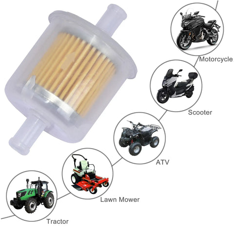 Replacement Gas Inline Fuel Filters For Three Eighth Inch Fuel Lines Great For Motorcycles Cars Trucks Lawn Mowers Snowmobiles Generators Go Karts And Small Gasoline Engines Pack Of Four shown with various vehicles