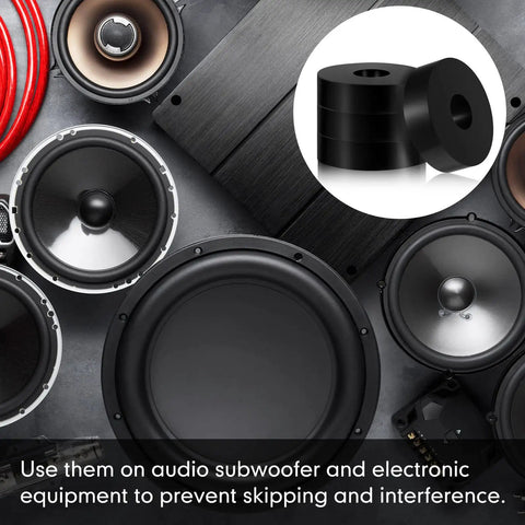 Killer 4 Pc Thick Rubber Isolation Pads And Vibration Damping Washers 1 5 Inch Od for audio subwoofers and electronic gear.