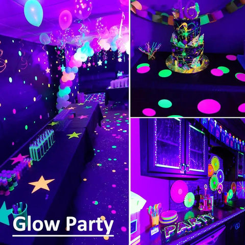Glow party setup with 60ft Black Light String Lights With 240 LEDs For Lit Glow Parties Bedroom Decor And Fluorescent Poster Art