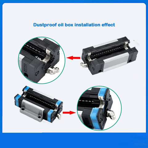 2pcs EGH15CA Linear Slider Blocks with EV15 Dustproof Oil Boxes showing installation details, assembled for CNC use.