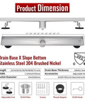 Dimensions of 24 Inch Linear Shower Drain with Brushed Nickel Finish and stainless steel specs for quick drainage.
