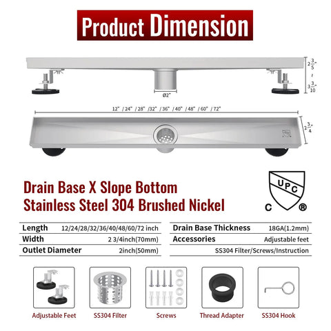 Dimensions of 24 Inch Linear Shower Drain with Brushed Nickel Finish and stainless steel specs for quick drainage.