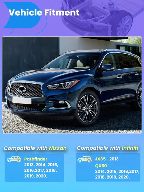 Front Lower Control Arm And Ball Joint Suspension Kit For Nissan Pathfinder And Infiniti Qx60 shown on SUV with clear vehicle fitment details.