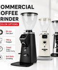 Robust Commercial Espresso Grinder Featuring 64mm Stainless Steel Flat Burrs, Automatic Timed Dosing, High Contrast Digital Display, And Solid Metal Housing For Consistent And Dope Coffee Grinds in black, white, and chrome.