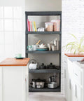 Heavy Duty Plastic Storage Rack 5 Tier Shelf Unit 2 Pack in kitchen, holding cookware and books, 36W x 75H with sleek black finish.