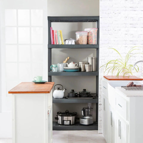 Heavy Duty Plastic Storage Rack 5 Tier Shelf Unit 2 Pack in kitchen, holding cookware and books, 36W x 75H with sleek black finish.