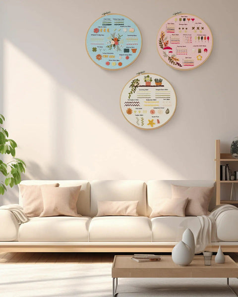 Room with wall-mounted embroidery hoops from Beginner Embroidery Kit Set for Adults and Teens, Learn 30 Plus Stitches With Clear Instructions.