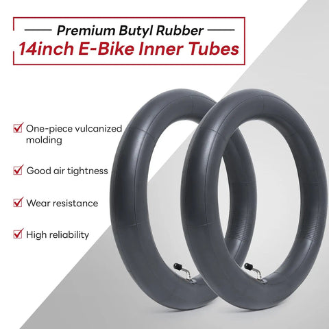 Two Pack 14x2.125 E-Bike Inner Tubes with Bent Valve Stem for 14 Inch Tires displayed against white background