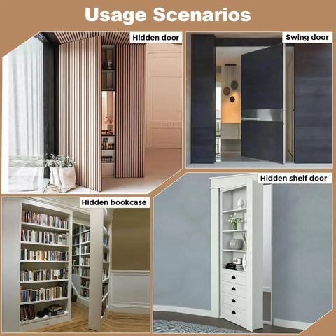 Usage scenarios demonstrating Heavy Hitter Hidden Door Pivot Hinge With Slick 360 Degree Rotation and Rock Solid Stainless Steel Hardware Kit.