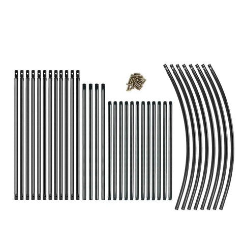 Disassembled parts of the Bronze Metal Garden Arch Trellis for Climbing Plants, showing metal rods and screws for assembly.