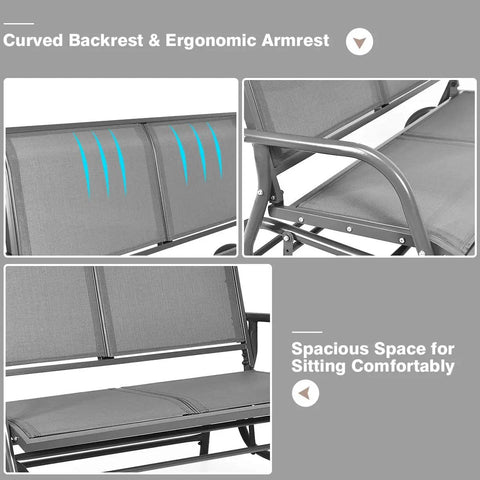 Two Person Swing Glider Chair 48 Inch Spacious Outdoor Lounge Bench showing ergonomic armrest and backrest details
