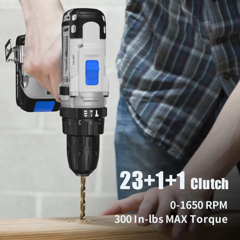 Person using 20V Cordless Impact Drill Driver Kit with Battery and Fast Charger on wood, 2-Speed, 300 In-Lbs Max Torque