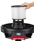 Hand placing Pleated Cartridge Filter Replacement For Wet Dry Vacuums, 8 Inch Diameter By 6.5 Inch Height onto vacuum base