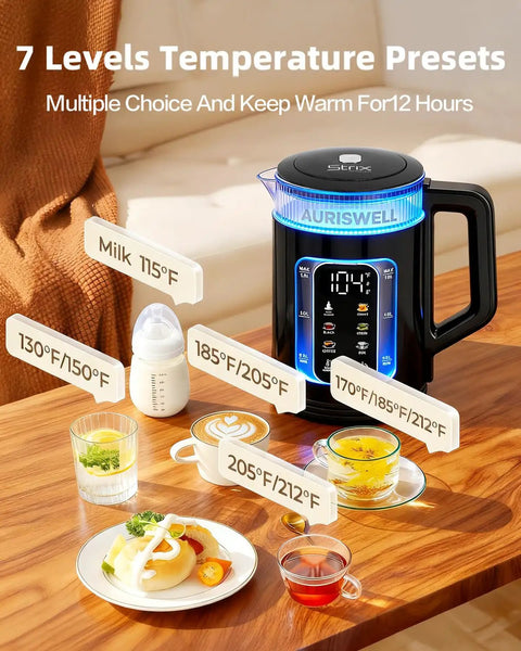 Electric Tea Kettle With Temperature Control And Glass Body For Tea And Coffee Daily Driver Smart Water Boiler Auto Shut Off 12 Hour Keep Warm One Touch 6 Presets Strix Thermostat Easy Pour Fast Boil with temperature presets displayed