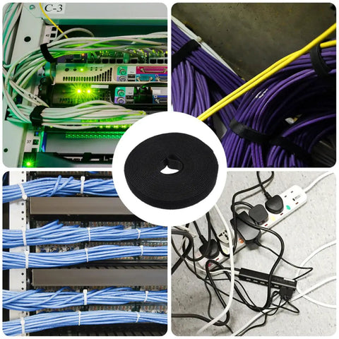 Reusable Cable Ties Hook And Loop Wire Straps For Electrical Wire Management Zero Hassle Cord Organizer Bulk Black Heavy Duty Strap in use with various cords.