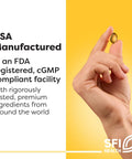 Hand holding a capsule with text indicating USA manufactured at FDA registered, cGMP compliant facility, SFI Health logo visible.