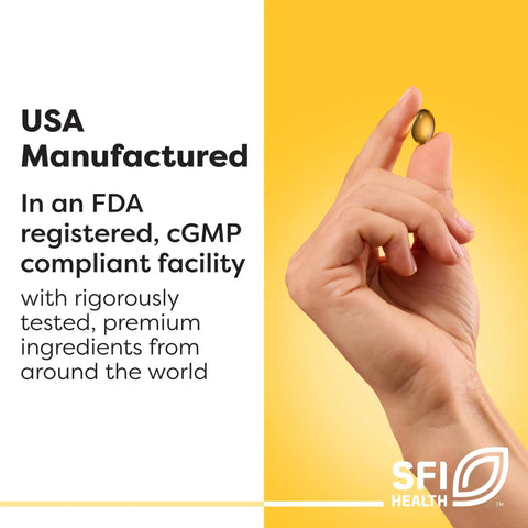 Hand holding a capsule with text indicating USA manufactured at FDA registered, cGMP compliant facility, SFI Health logo visible.