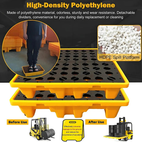 Rugged Heavy Duty Modular Oil Spill Containment Tray With Drain Outlet For Paint Buckets And Tools, stackable design shown