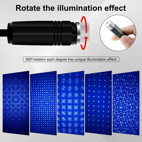 Usb Star Projector Night Light Portable With Adjustable Head Creates Romantic Starry Roof Mood Vibe For Car Ceiling Bedroom And Home Decor Violet Blue Glow showing rotation effect and blue illumination patterns.