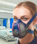 Elastomeric Half Mask Respirator With Source Control No Exhalation Valve Replaceable HEPA Filters Included Lightweight 4.5 oz in use